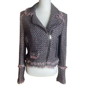 Trf Outerwear Women’s Red Black Tweed Moto Assymetrical Jacket Medium